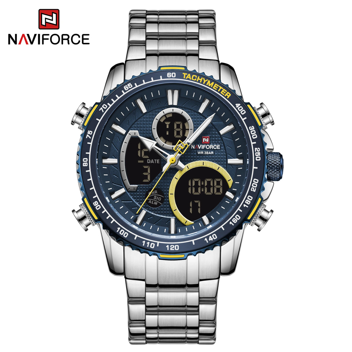 NAVIFORCE sportsur til mænd – Originalt luksusarmbåndsur i rustfrit stål, vandtæt militærmodel med dobbelt display
