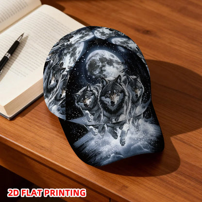 Casquette de baseball classique ornée d’un imprimé plat en 2D représentant des loups sous la pleine lune – casquette légère et ajustable à visière en bec de canard