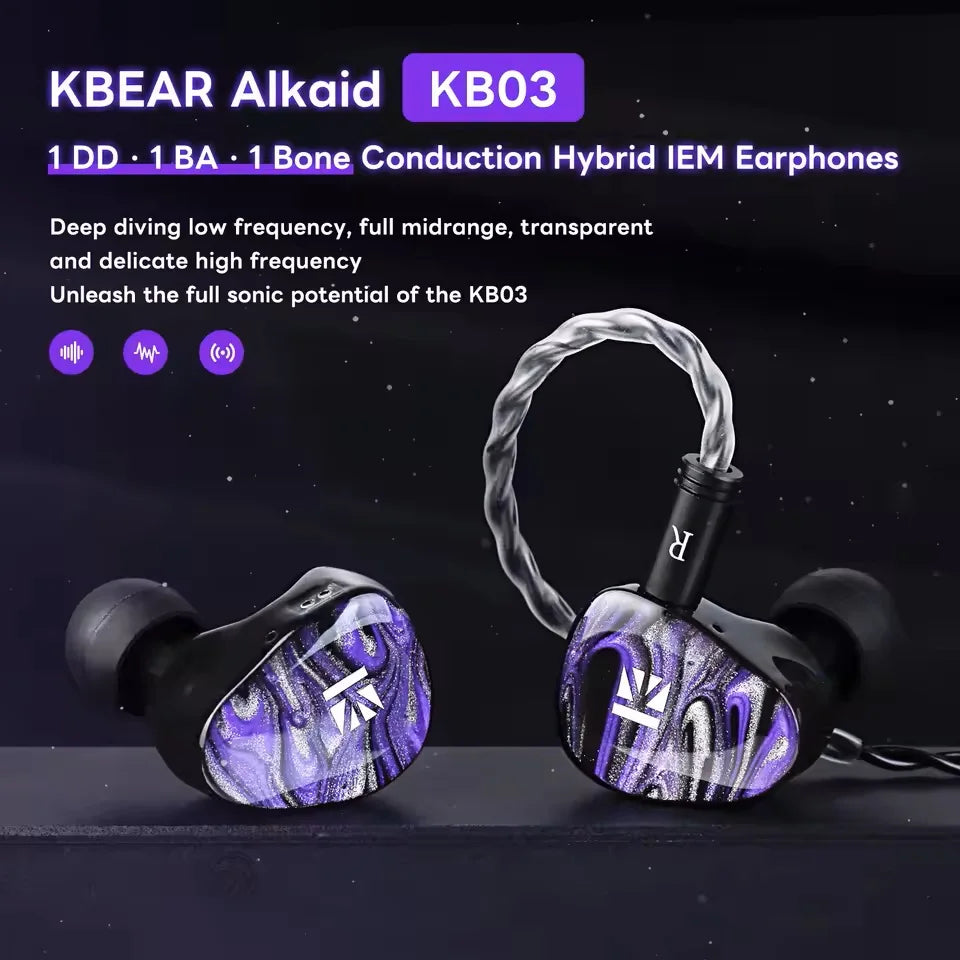 Écouteurs KBEAR KB03 Alkaid HIFI, écouteurs intra-auriculaires trn améliorés avec armature équilibrée Knowles, 1DD + 1BA + 1 à conduction osseuse