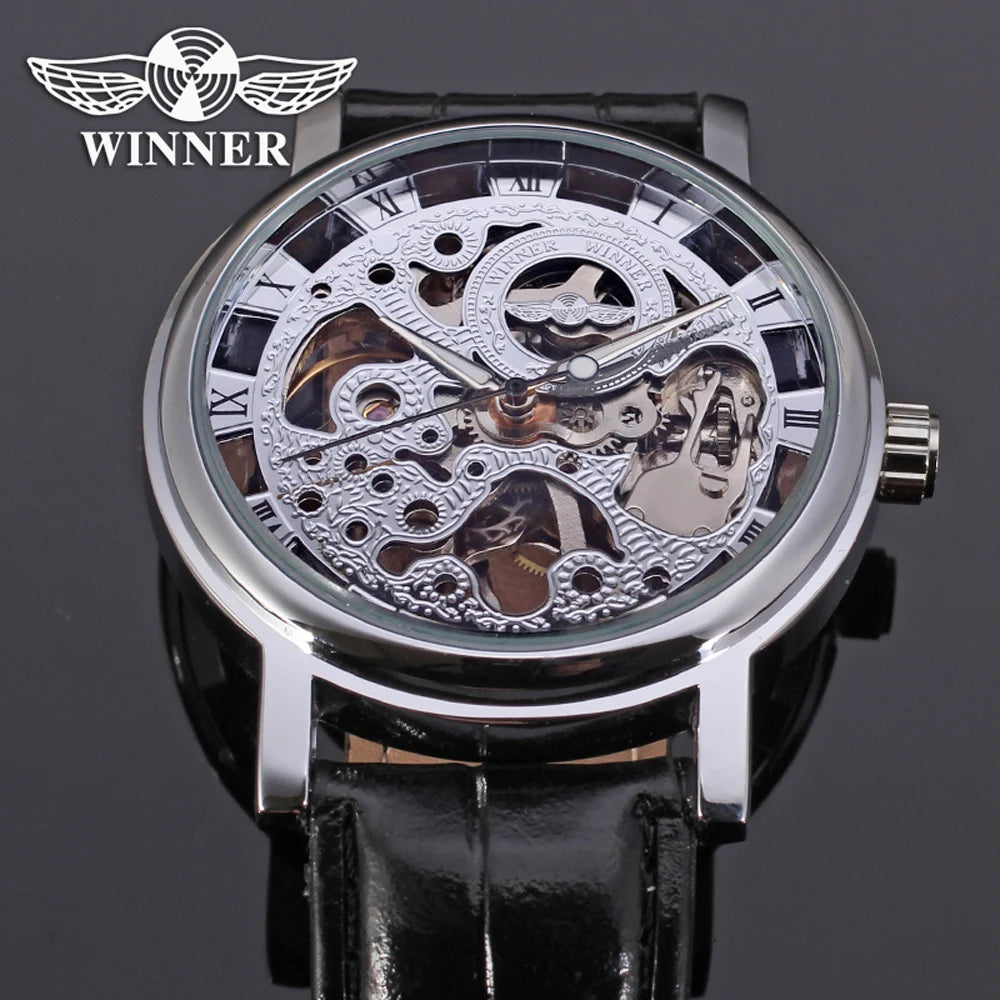 T-Winner Popular Lovers Skeleton Design Gold Watches Mechanical Hand Wind Movement PU Leather Strap Wristwatch for Men Women