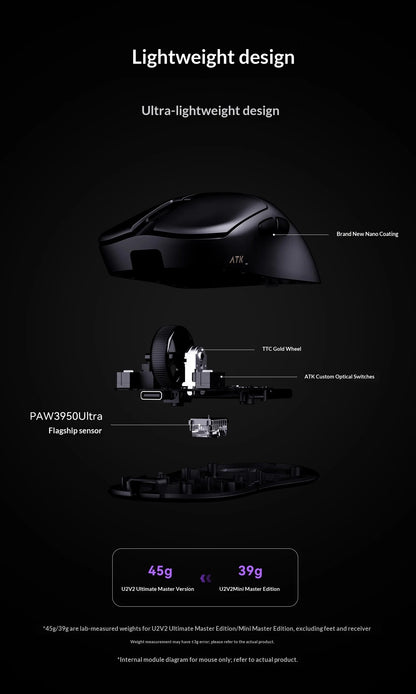 NEW ATK U2 V2 Mini Ultimate Wireless Gaming Mouse Tri-model Lightweight PAW3950 Ultra 8KHz 500mAh Custom Ergonomic E-sports Mouse