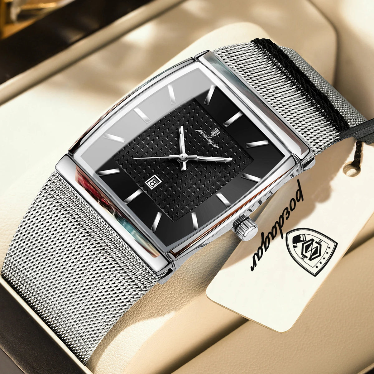 POEDAGAR men’s watch, luxury model, stainless steel mesh strap, date display, water-resistant, luminescent hands, casual style, rectangular case, quartz movement.