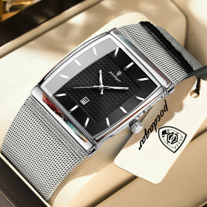 POEDAGAR men’s watch, luxury model, stainless steel mesh strap, date display, water-resistant, luminescent hands, casual style, rectangular case, quartz movement.