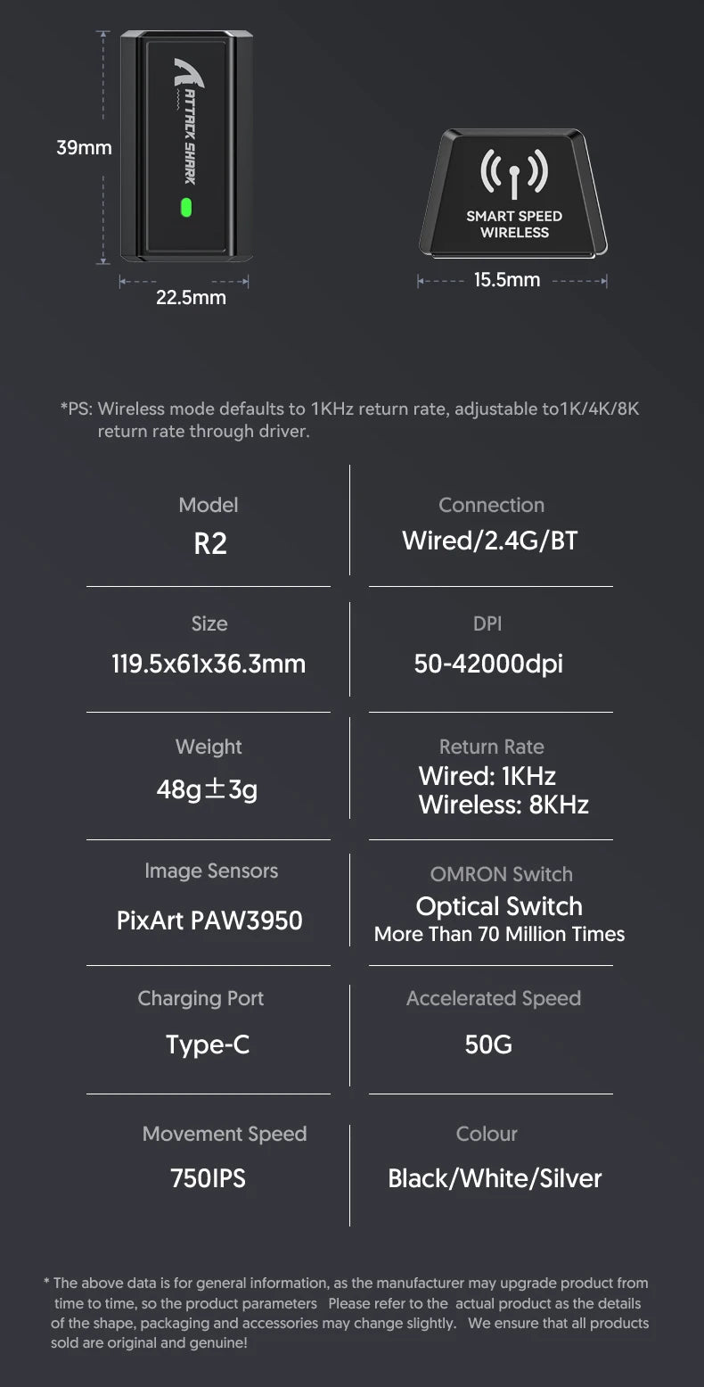 Attack Shark R2 bežični gaming miš PAW3950 8K od magnezijeve legure, lagani gaming miš s Bluetooth tri-mode povezivanjem za gaming/ured