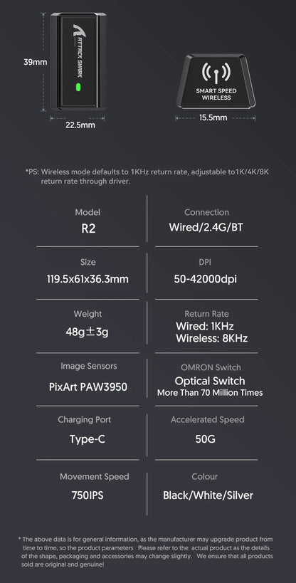 Attack Shark R2 bežični gaming miš PAW3950 8K od magnezijeve legure, lagani gaming miš s Bluetooth tri-mode povezivanjem za gaming/ured