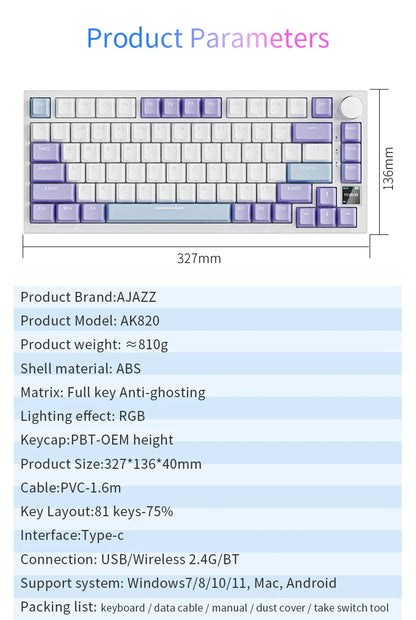 AJAZZ AK820 mechanische Tastatur, 70 % Kompaktlayout/RGB-Beleuchtung/Hot-Swap-fähige Switches, mit kabelgebundener, kabelloser und Bluetooth-Verbindung