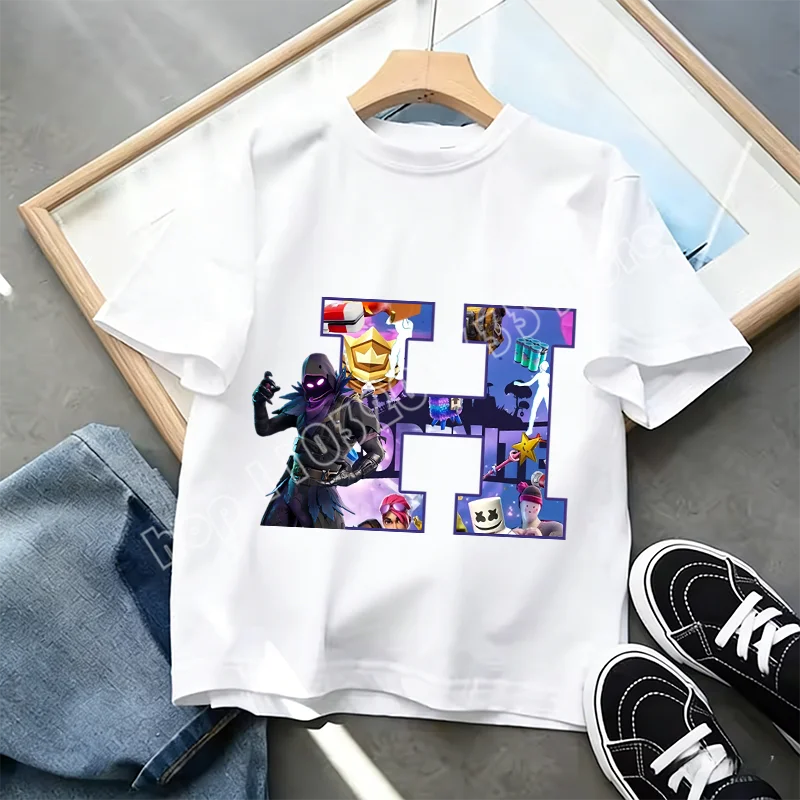 Fortnite A-Z Alphabet Print T-Shirt für Kinder, Sommer, weiß, beliebtes Cartoon-Game-Shirt, modisches Casual-Kurzarmtop, Geschenk