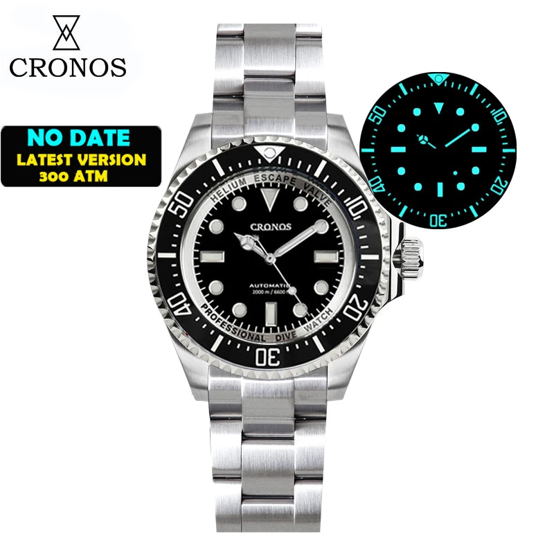 Cronos Automatic Diving Watch Stainless Steel 2000Meters Water Resistance Professional Diver PT5000 SW200 Miyota9015 90S5 L6027M