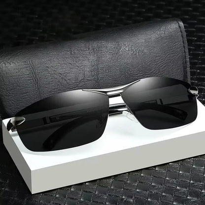 KLASSNUM Men Fashion Cycling Rimless Sunglasses Photochromic Polarized Shades Color Changing Fishing Car Driving Yellow Glasses