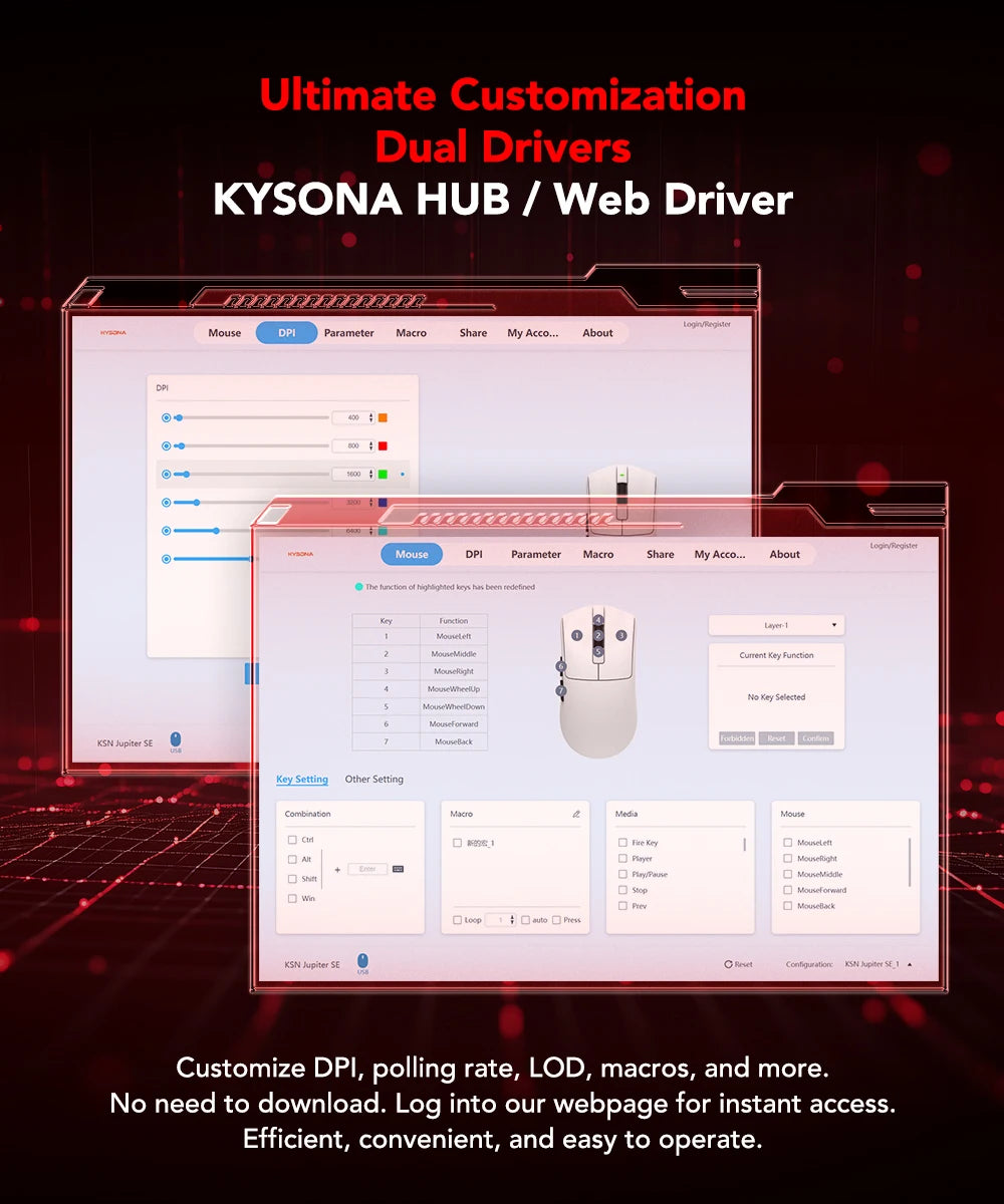 KYSONA Jupiter Series Gaming Mouse Wired Wireless Mice 8Khz PAW3950 Sensor Bluetooth 46g Rechargeable Web Driver For PC Laptop