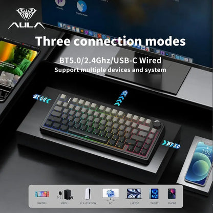 AULA F75 Gaming Mechanical Keyboard RGB Customized 75% Layout Side-engraving Gasket Mounted 80keys PBT Gradient Keycaps keyboard