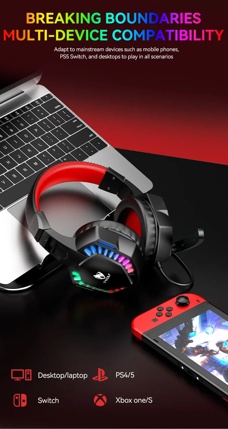 H120 RGB LED Light Wired Headphones USB 3.5mm Audio Interface Bass Stereo Sound Gaming Headsets with High Sensitivity Microphone