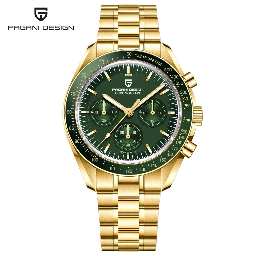 Montre pour homme PAGANI DESIGN « New Moon » – Montre à quartz de luxe, chronographe, verre saphir avec traitement antireflet, lunette en céramique, aiguilles luminescentes