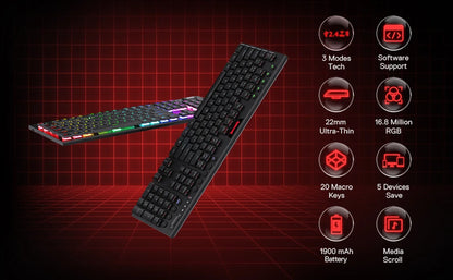 Redragon K618 Horus Wireless RGB Mechanical Keyboard, Bluetooth/2.4Ghz/Wired Tri-Mode Low Profile Gaming Keyboards