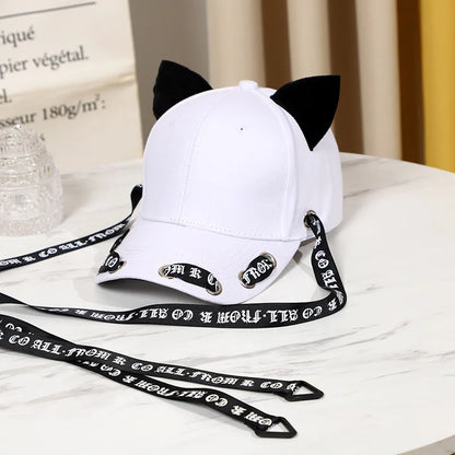 Velvet Cat Ear Baseball Cap With Long Ribbon Strap Korean Style Casual Sun Hat For Women Girls