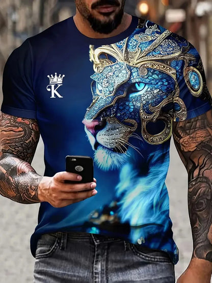 3D Plus Size Ανδρικά T-shirt με τύπωμα λιονταριού, καλοκαιρινά κοντομάνικα T-shirt με στρογγυλό λαιμό για άνδρες, Νέα σειρά με ζωικά μοτίβα λιονταριού, T-shirt και μπλούζες