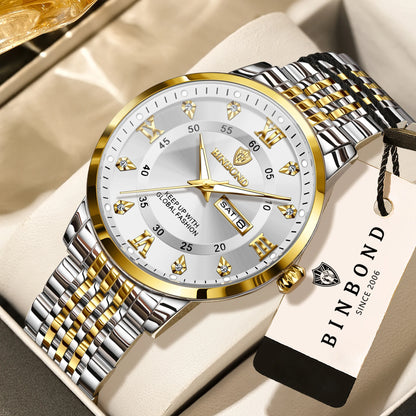 Montre-bracelet à quartz de luxe BINBOND pour homme – Étanche, lumineuse, avec affichage du jour de la semaine – Style business, sport, mode et décontracté