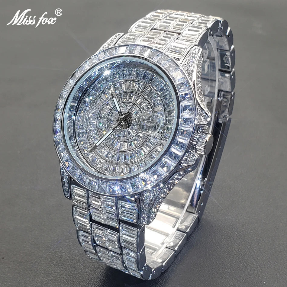 Full Iced Out Watches For Men Luxury Handmade Mosaic Diamond Silver Steel Watch Fashion Hip Hop Silver Automatic Date Male Clock