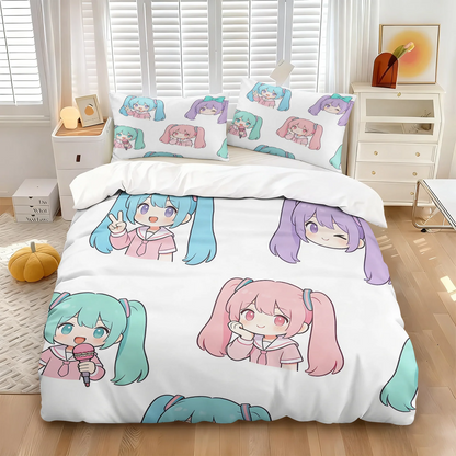 Σετ κάλυμμα παπλώματος Hatsune Miku σε στυλ Chibi – Χαριτωμένα κλινοσκεπάσματα anime με μαξιλαροθήκες – Διακόσμηση υπνοδωματίου για εφήβους και παιδιά – Δώρο για τους θαυμαστές