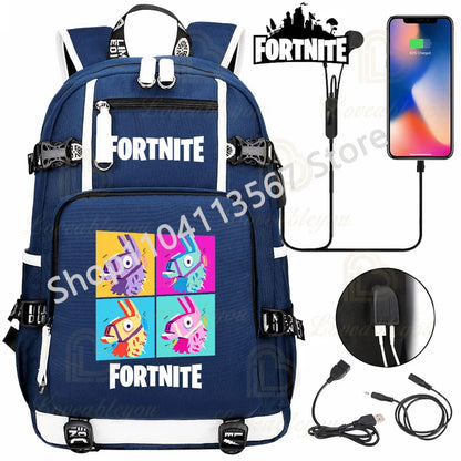 Red Jade F-Fortnited Battle Royale Backpack with USB Charging Anime Figures Study Stationery Compartment for Students Mochila