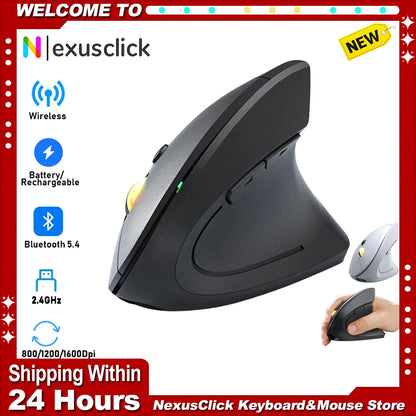 Rato Vertical Sem Fios Bluetooth 2.4G Recarregável Ergonómico 1600DPI Ajustável Gaming 6 Botões para Portátil PC Computador