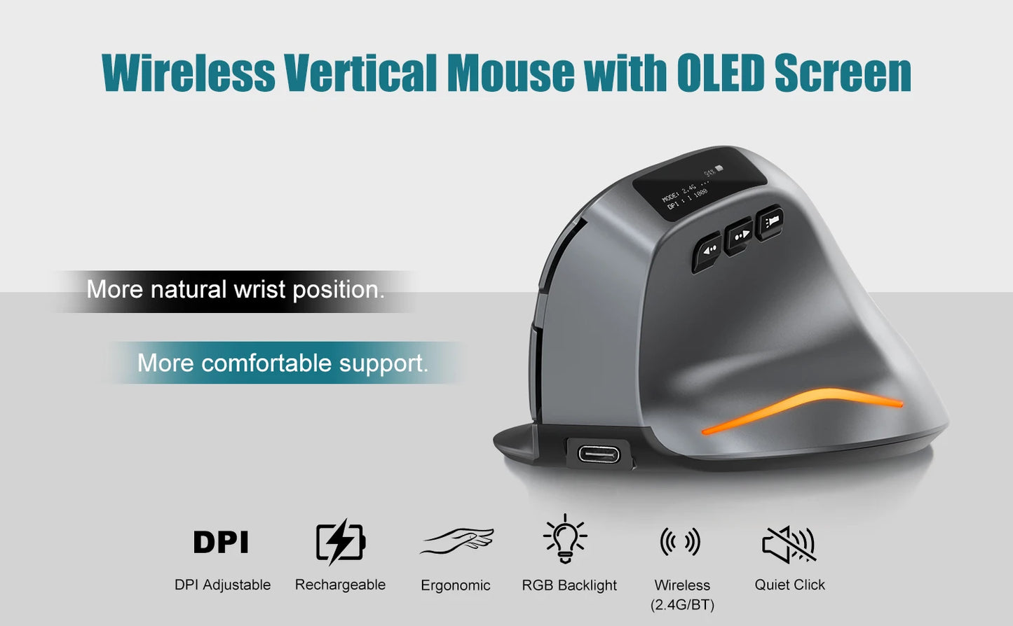 Lefon F26C Vertical Mouse, Wireless with OLED Screen, Bluetooth Ergonomic Mouse, Optical Rechargeable Gaming Mice for PC Laptop