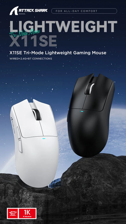 Rato Gaming Sem Fios ATTACK SHARK X11SE, Tri-Mode, Superleve de 63g com Sensor PAW3311, 22000 DPI, Bateria de 300mAh, Duplo Driver