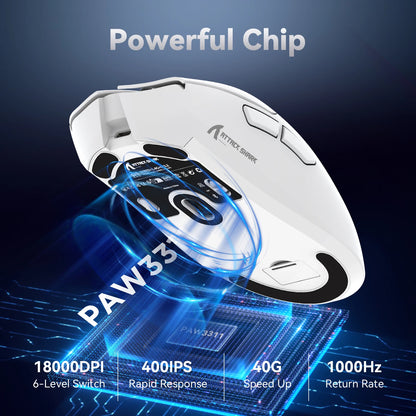 Геймърска мишка ATTACK SHARK R1 Tri-mode, сензор PixArt PAW3311, 18000 DPI, 1000hz, ултралека 59g за голяма ръка, за PC/Mac