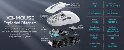 ATTACK SHARK X3 Wireless Gaming Mouse, 49g Ergonomic PC Mouse, Triple Modes PAW3395 26K DPI Optical Sensor, Programmable Buttons
