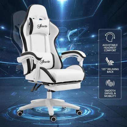 Leather Gaming Chair 135° Reclining with Retractable 360° Swivel Height Ergonomic White Contrast Edge Office Chair 120KG Capacity
