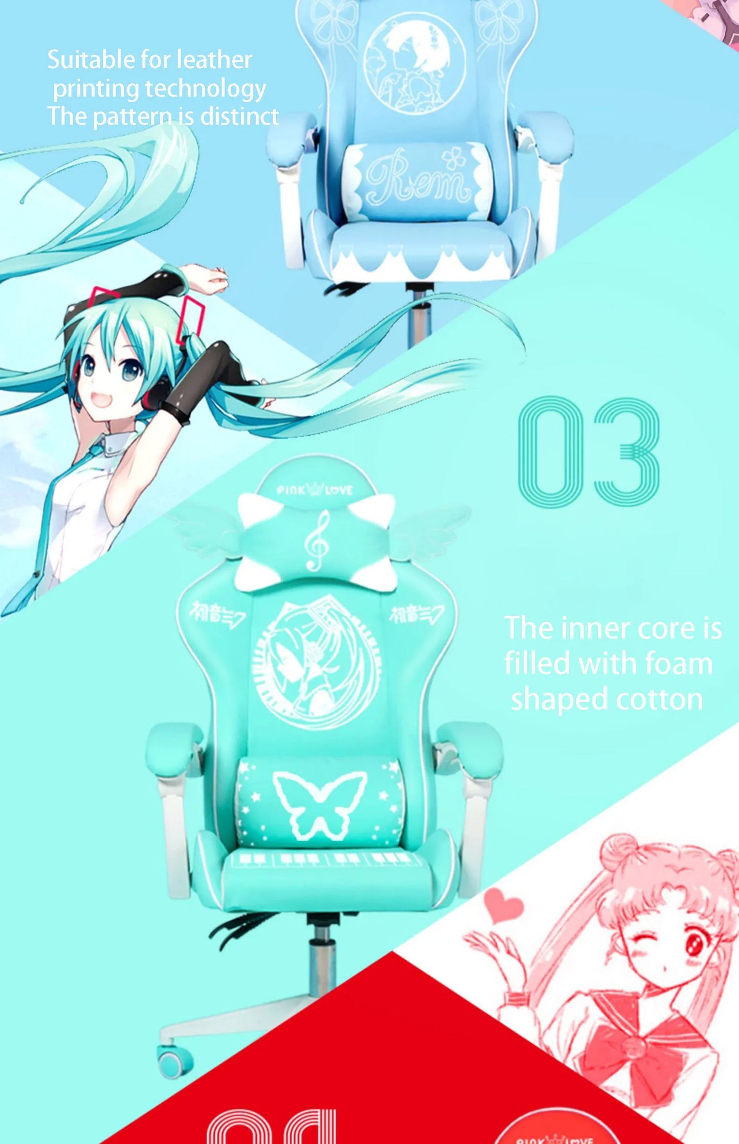 Pink Cartoon Electric Sound Girl Office Chair 360° Lift Rotating Home Computer Game Student Learning to Upgrade Latex Cushion