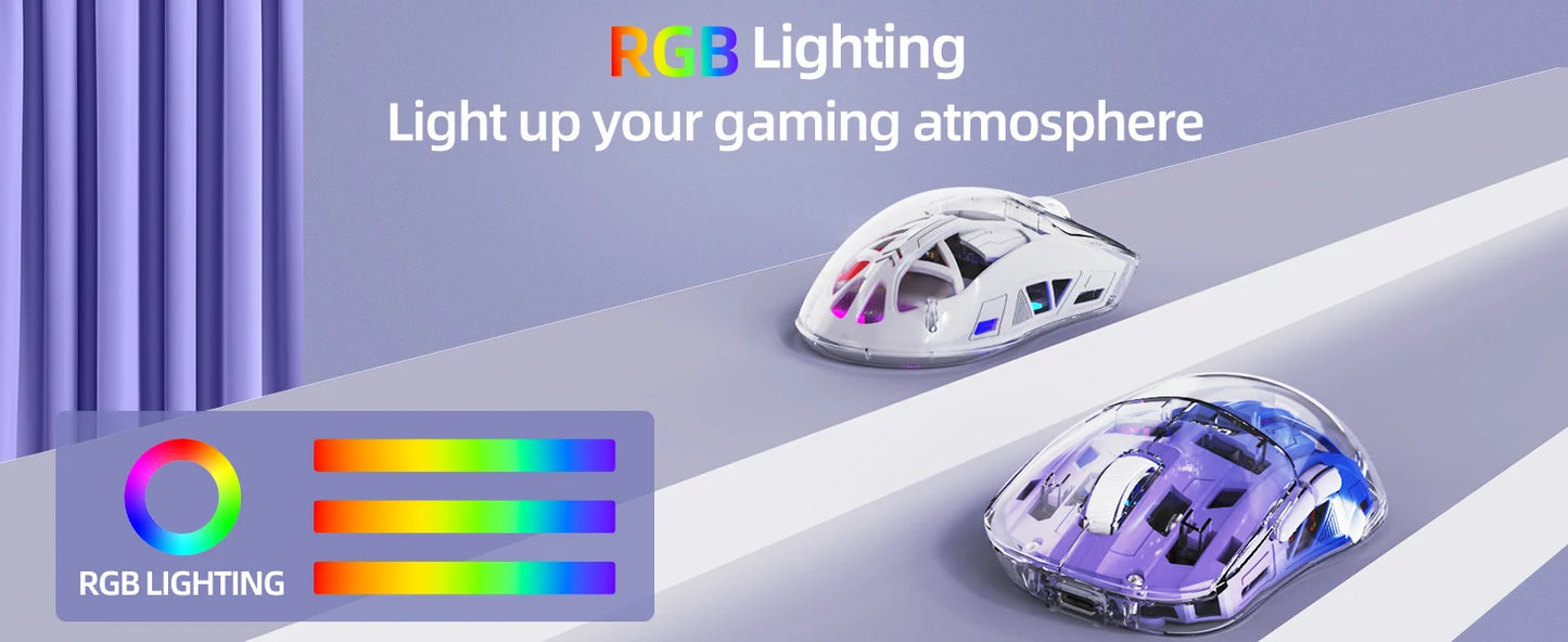 A2 Transparent Wireless Gaming Mouse, BT 5.0/2.4G PC Rechargeable RGB Mice with Digital Screen, PixArt 3212, 5 Adjustable DPI