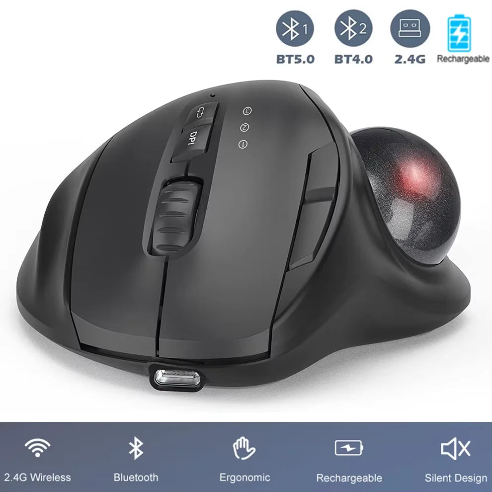 2400DPI Trackball Mouse, 2.4G & Bluetooth Rechargeable Mouse with EVA Case Bag Vertical Ergonomic Mice for Laptop iPad MacBook