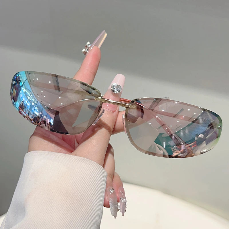 Alloy Rimless Square Sunglasses Women New in Stylish Outdoor Decor Shades Women Trendy Pink Silver Designer Mirror Sun Glasses