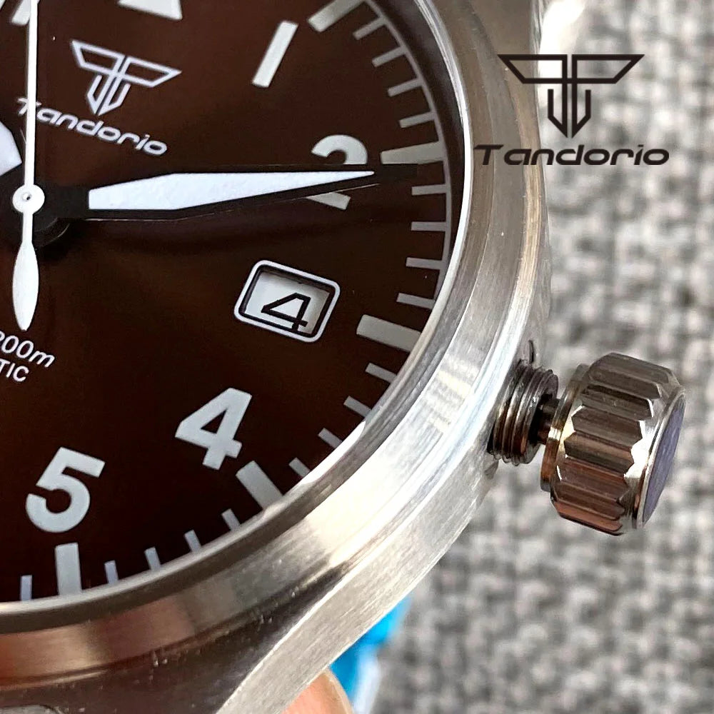 Tandorio 39 mm – męski zegarek automatyczny typu pilot nurkowy, mechanizm NH35/PT5000/Miyota8215, szafirowe szkło AR, wodoodporność 20 barów, świecące wskaźniki