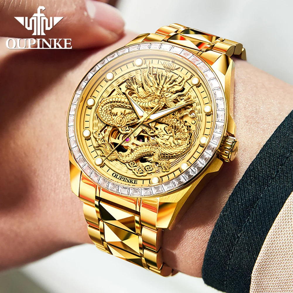 OUPINKE Men's Watches Top Brand Luxury Gold Tungsten Steel Original Automatic Mechanical Wristwatch Featured Dragon Pattern Dial