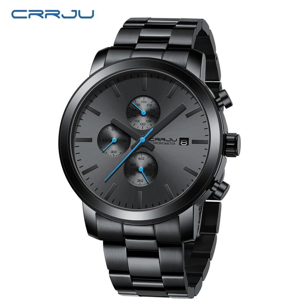 Montre pour homme CRRJU – Chronographe en acier inoxydable, étanche, avec affichage de la date, mouvement à quartz analogique, style élégant et professionnel
