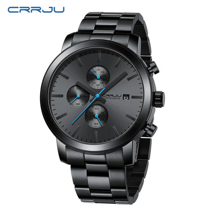Montre pour homme CRRJU – Chronographe en acier inoxydable, étanche, avec affichage de la date, mouvement à quartz analogique, style élégant et professionnel