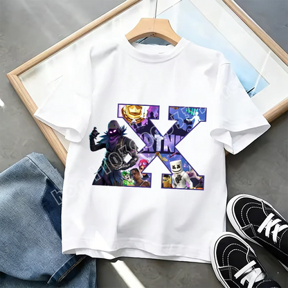 Fortnite A-Z Alphabet Print T-Shirt für Kinder, Sommer, weiß, beliebtes Cartoon-Game-Shirt, modisches Casual-Kurzarmtop, Geschenk