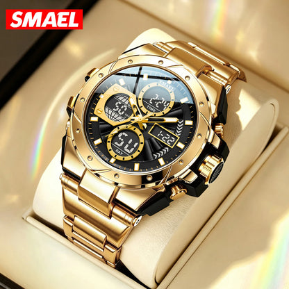 Montre pour homme SMAEL 8160 – Modèle sport militaire, analogique et numérique, en acier inoxydable – Étanche, avec affichage LED, alarme, chronographe et chronomètre