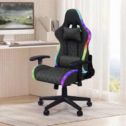 Rosahqnda Gaming Chair with Massage Function, Adjustable Backrest, Computer Chair, with Ambient Light, Lumbar Cushion, Pillow, 150 KG