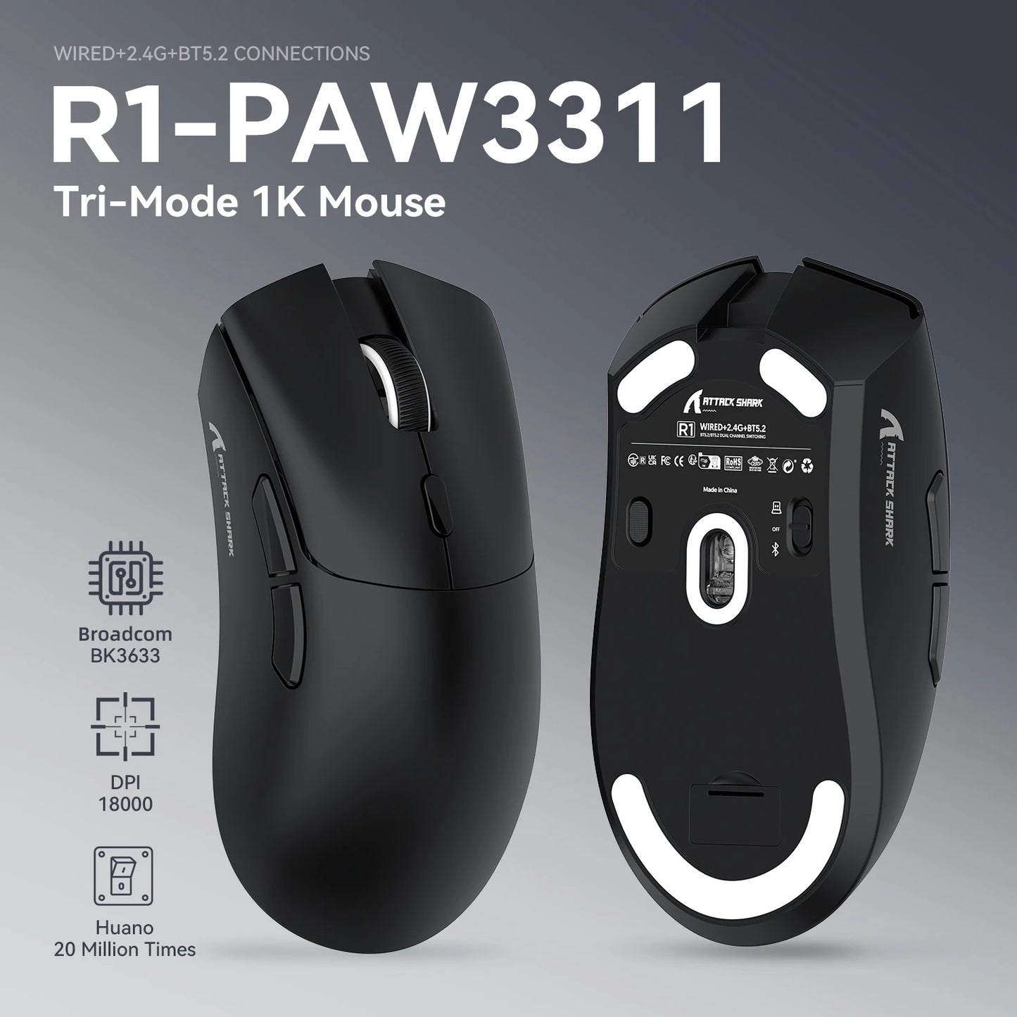 Геймърска мишка ATTACK SHARK R1 Tri-mode, сензор PixArt PAW3311, 18000 DPI, 1000hz, ултралека 59g за голяма ръка, за PC/Mac