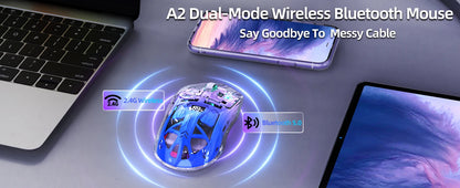 A2 Transparent Wireless Gaming Mouse, BT 5.0/2.4G PC Rechargeable RGB Mice with Digital Screen, PixArt 3212, 5 Adjustable DPI