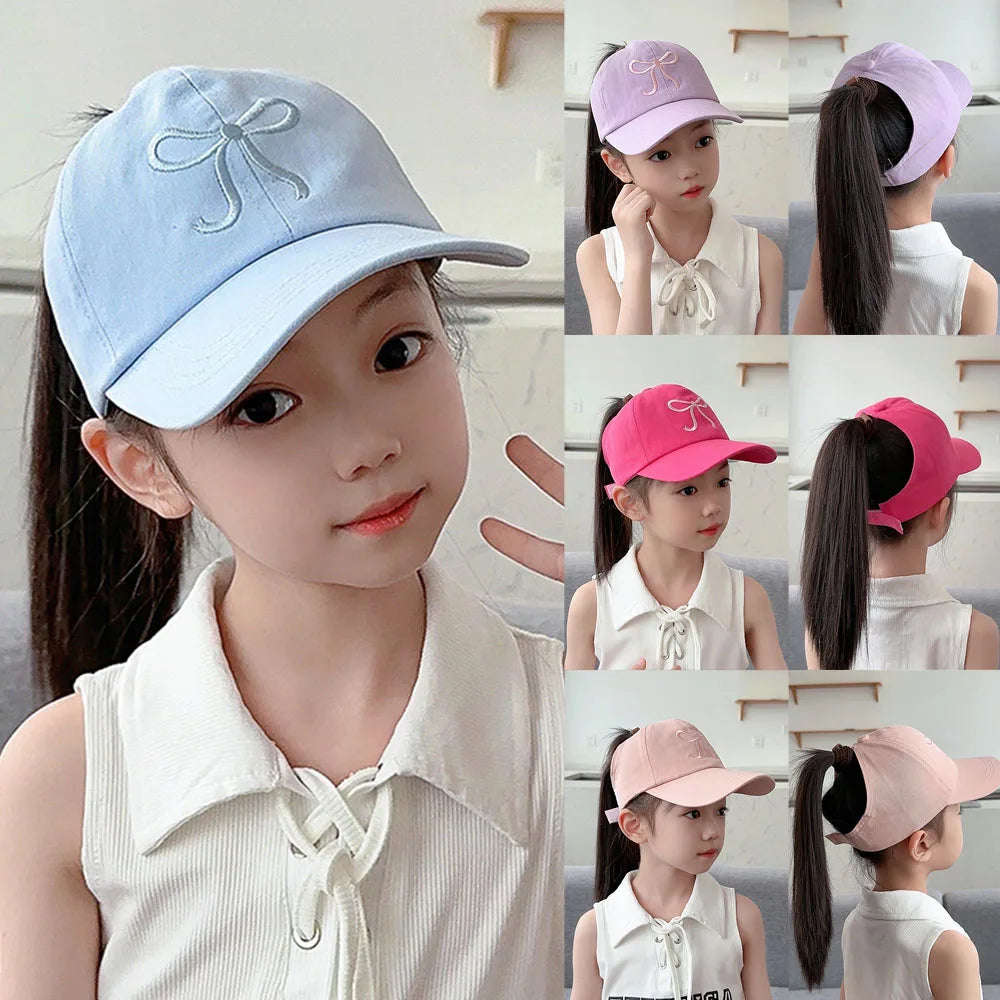 Bows Children Baseball Caps Hollow Empty Top High Ponytail Caps Adjustable Kids summer Sun Hats Boys Girls Hip hop Baseball Hat