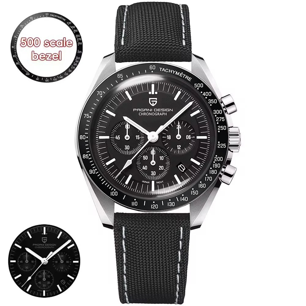 Montre pour homme PAGANI DESIGN « New Moon » – Montre à quartz de luxe, chronographe, verre saphir avec traitement antireflet, lunette en céramique, aiguilles luminescentes