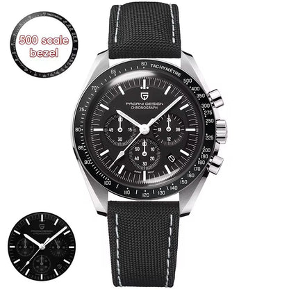 Montre pour homme PAGANI DESIGN « New Moon » – Montre à quartz de luxe, chronographe, verre saphir avec traitement antireflet, lunette en céramique, aiguilles luminescentes