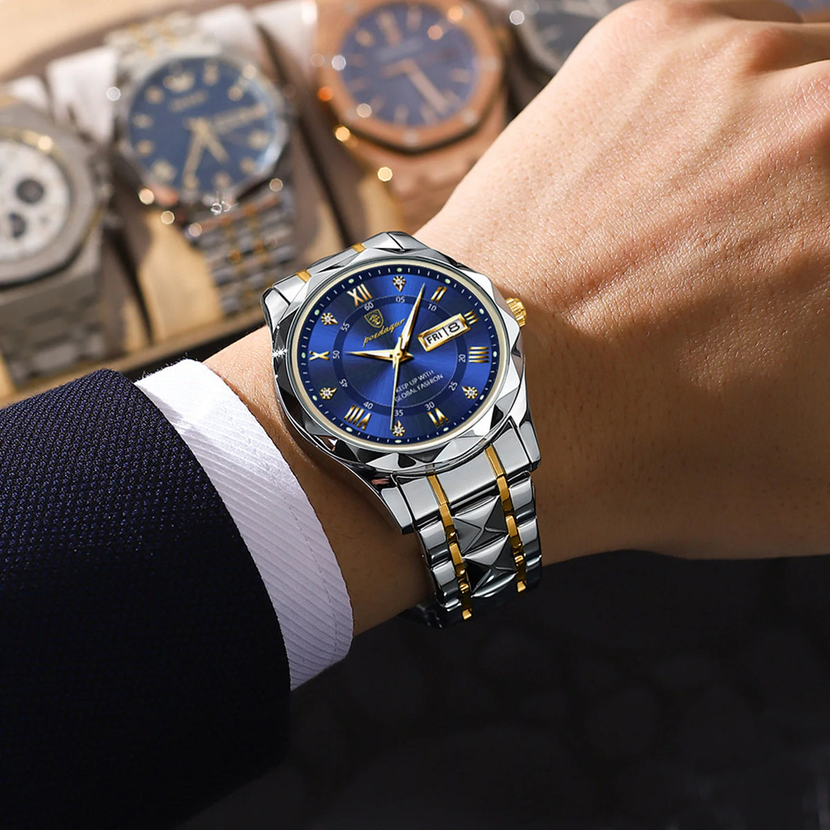 Męski zegarek POEDAGAR Business Luxury, wodoodporny, ze stali nierdzewnej, z podświetleniem, z datownikiem i wskaźnikiem dnia tygodnia, w stylu sportowym, na mechanizmie kwarcowym.
