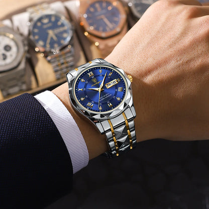 Męski zegarek POEDAGAR Business Luxury, wodoodporny, ze stali nierdzewnej, z podświetleniem, z datownikiem i wskaźnikiem dnia tygodnia, w stylu sportowym, na mechanizmie kwarcowym.