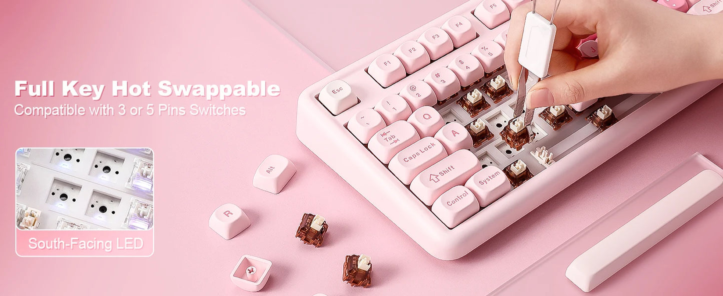 YUNZII B87 Pink Mechanical Gaming Keyboard, QMK/VIA Custom Gasket RGB Keyboard, Wireless Aesthetic Keeb, Wrist Rest for Win/Mac
