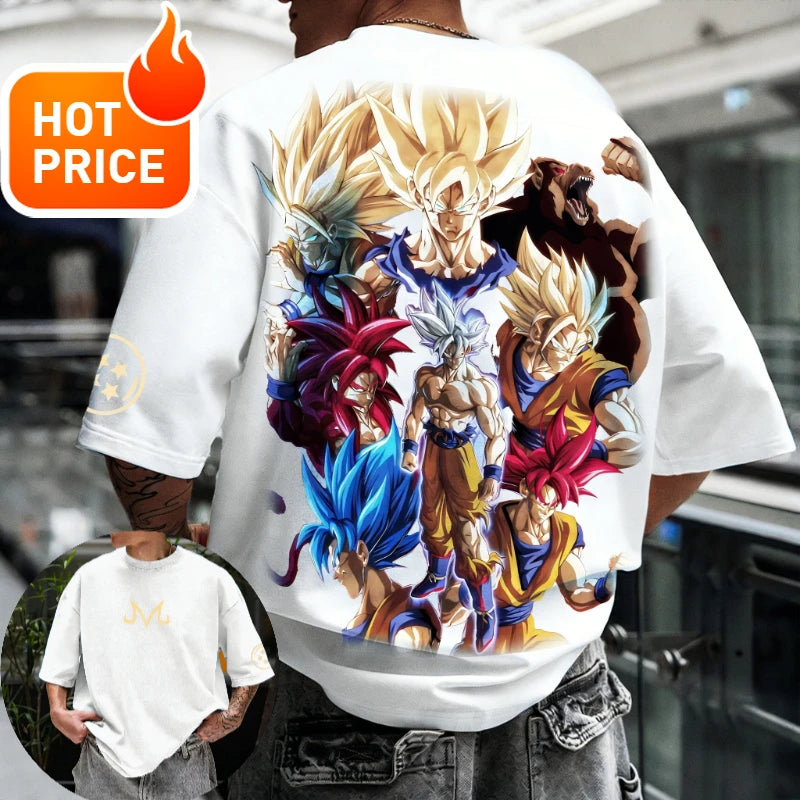 Sommer-Dragon Ball-T-shirt i 100 % bomuld med print af Goku i alle former – oversized gym- og streetwear-T-shirt i retrostil til voksne og børn